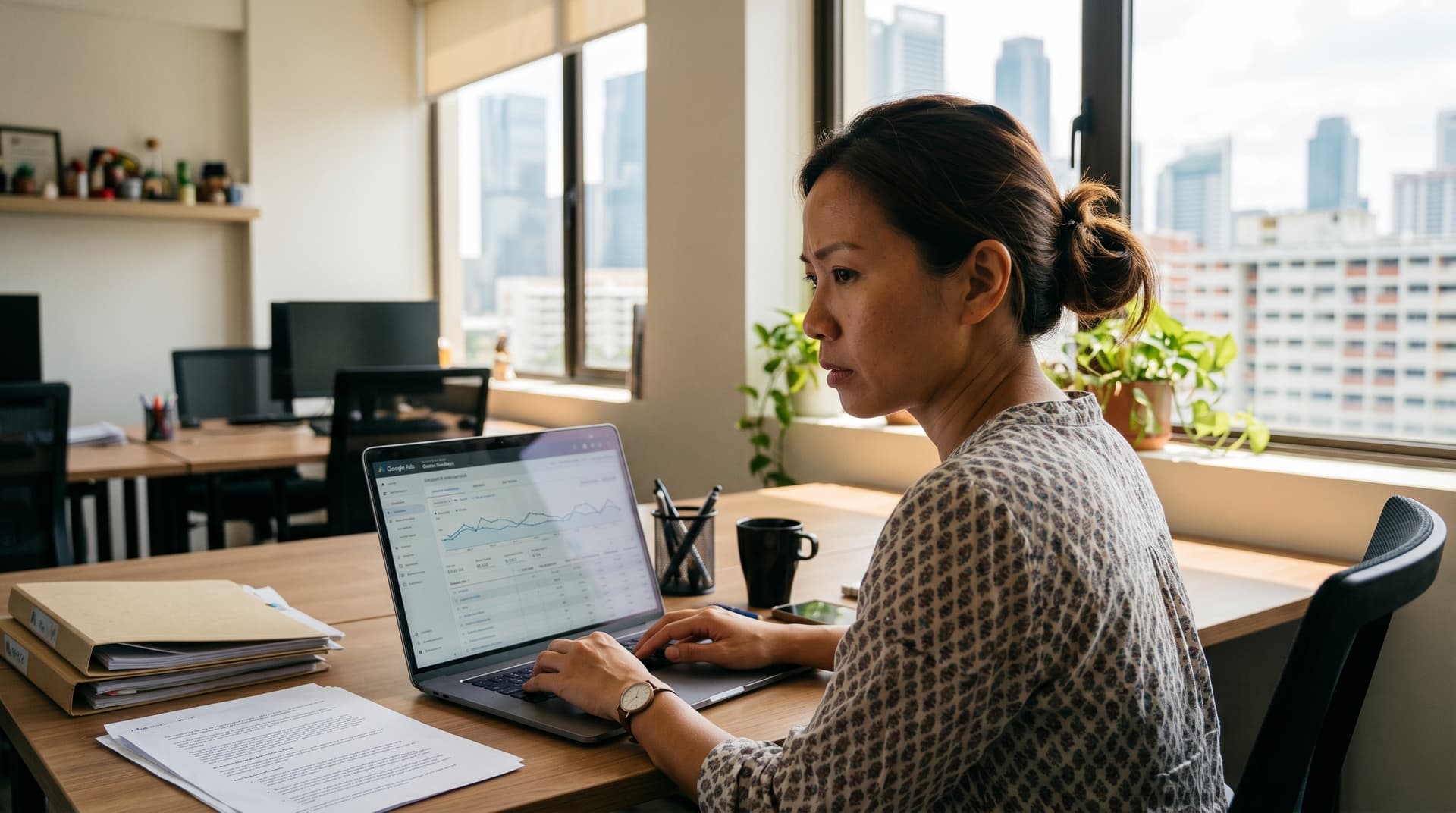 A Singapore SME owner reviewing a Google Ads analytics dashboard on a laptop, checking for ad spend leakage from AI agents