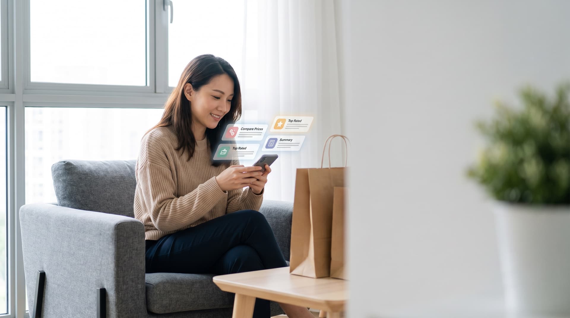 Shopper holding a phone with an AI assistant suggesting products — illustrating how consumer decisions now form before reaching a retailer's website