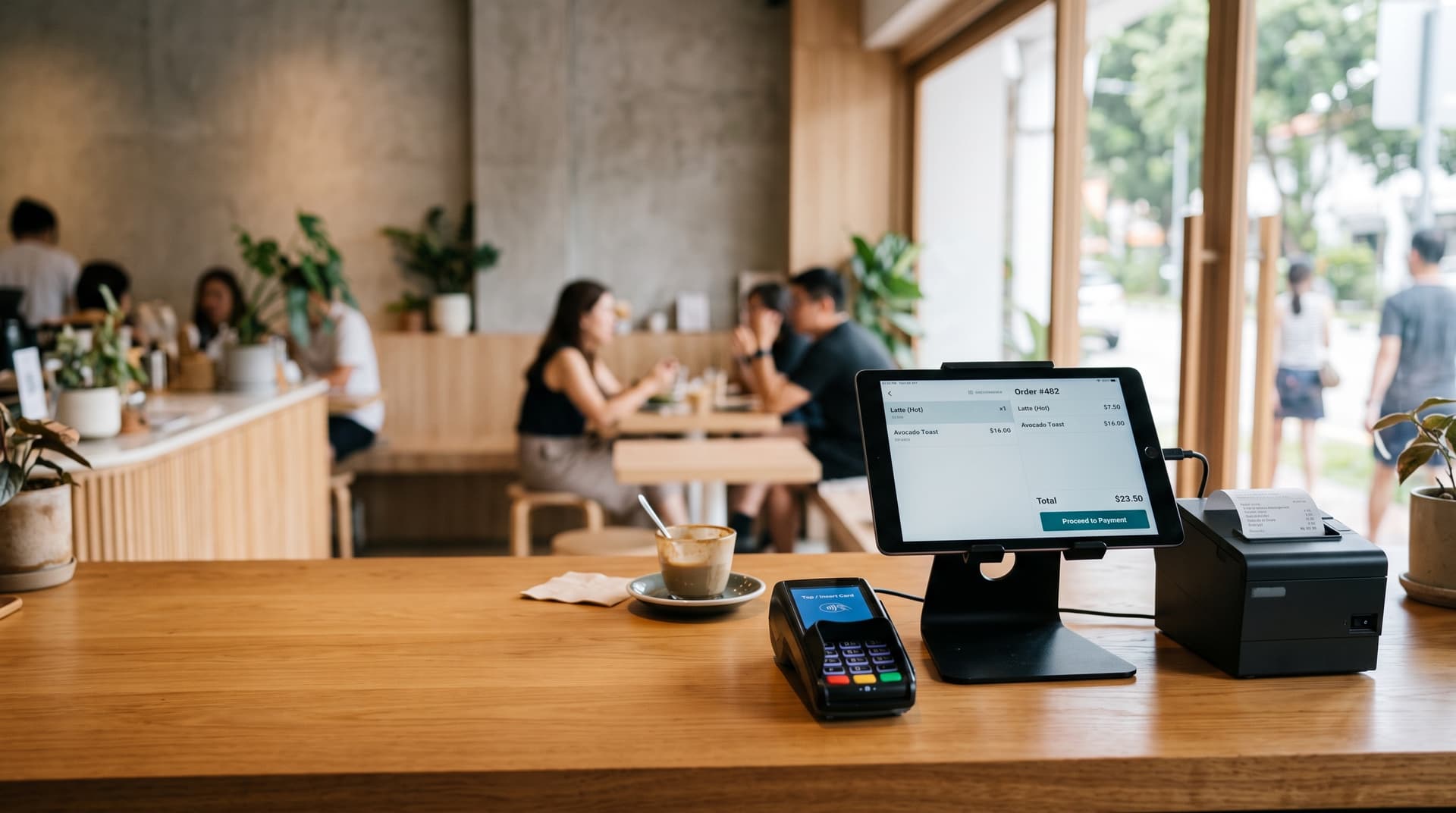 A modern tablet point-of-sale system on a cafe counter in Singapore with a card terminal and receipt printer