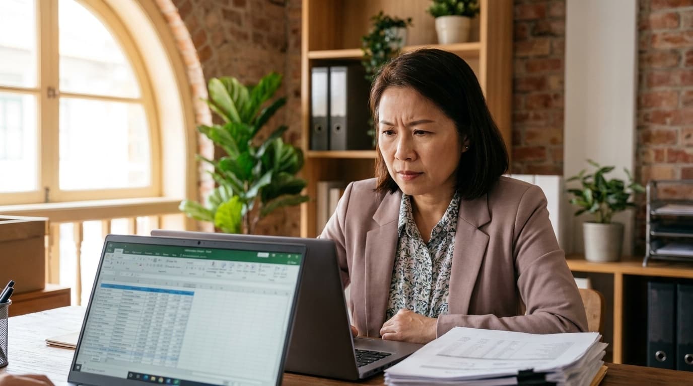 A Singapore SME owner reviewing a long AI-generated project plan on a laptop in a small office.