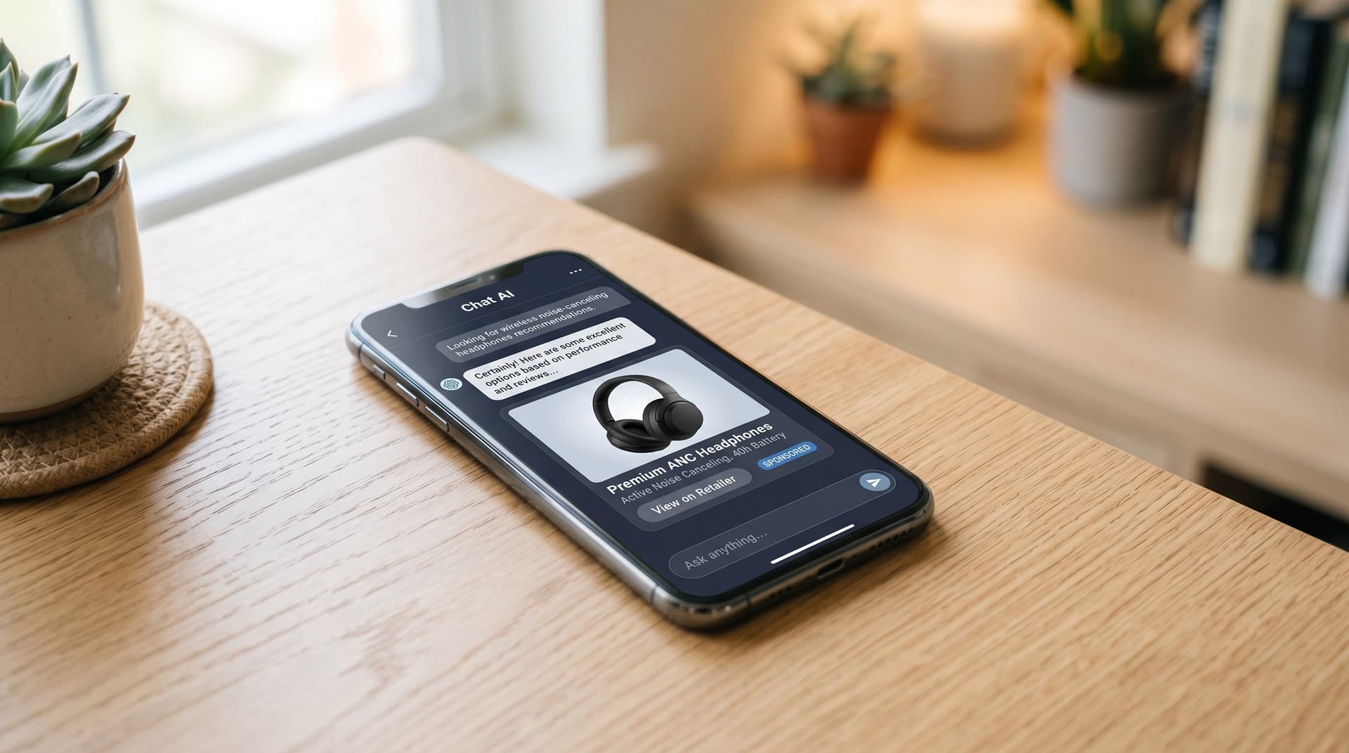 A smartphone showing a conversational AI search result with a sponsored product recommendation, on a desk with negative space