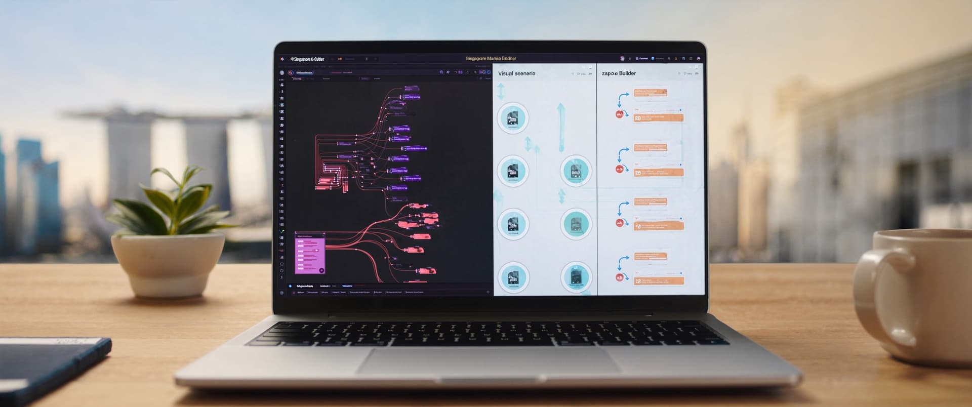 Workflow automation editor on a laptop in a bright Singapore office — comparing n8n, Make, and Zapier