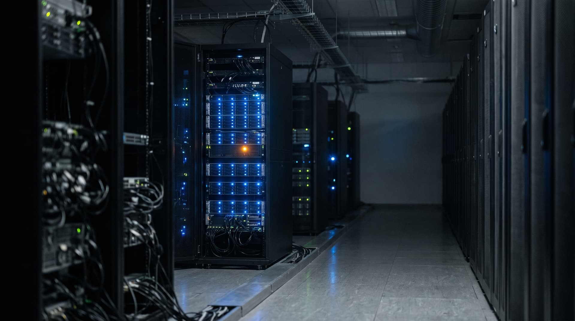 Server racks in a dark data centre, one rack lit blue with a single amber status light