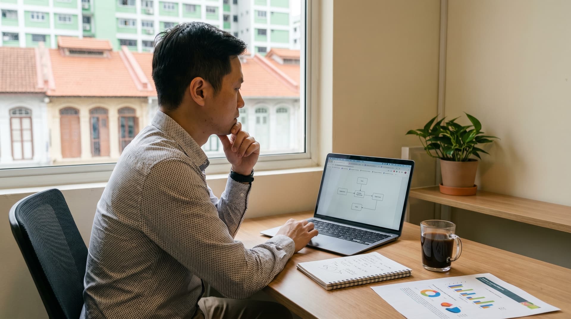 A Singapore SME owner reviewing AI workflow notes and a laptop at a wooden desk in a warm, daylit office.