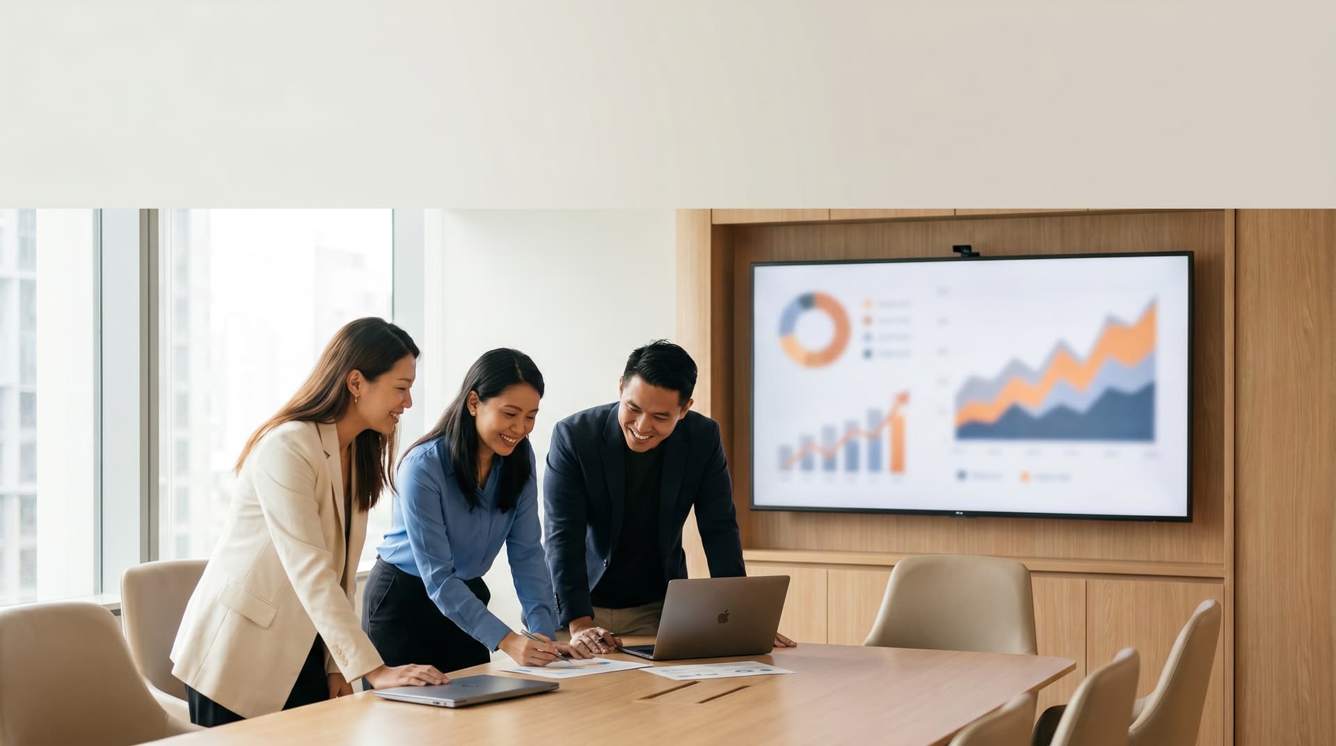 A Singapore SME team in a modern office reviewing AI productivity dashboards on a large screen.