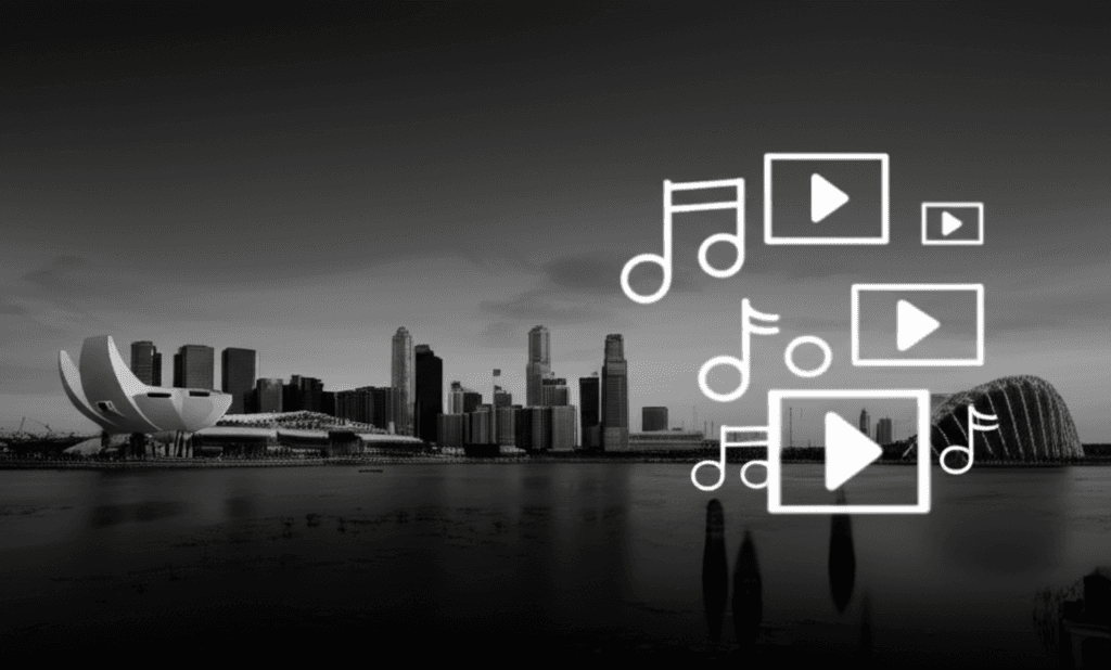 TikTok marketing Singapore guide - monochrome Singapore skyline with TikTok icons
