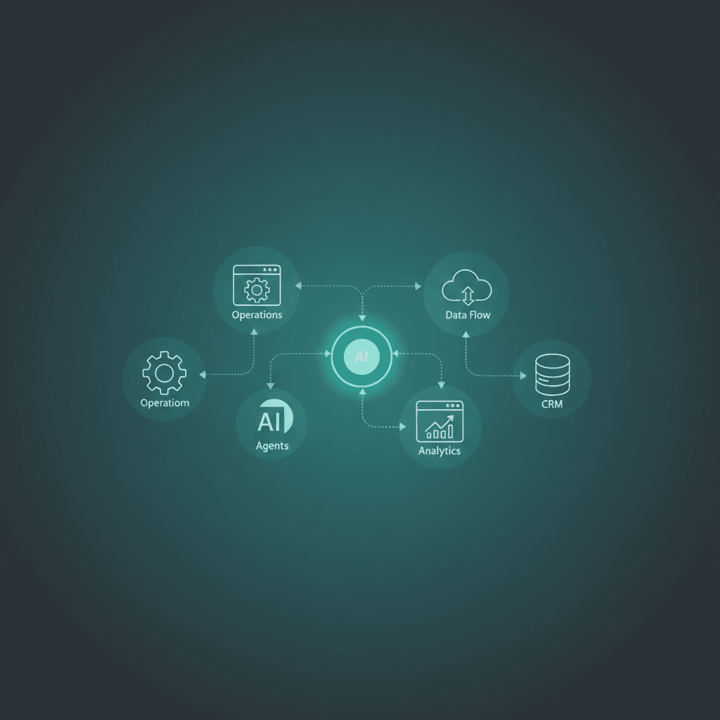 A diagram showing multiple software tools being consolidated into a single AI agent workflow