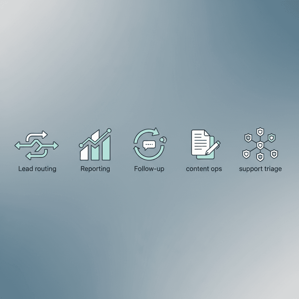 Illustration of AI workflow automation across leads, reporting, follow-up, content, and support tasks