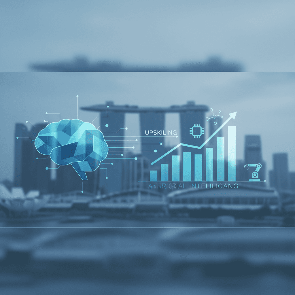 A Singapore SME owner working on a laptop with AI tools in a shophouse office