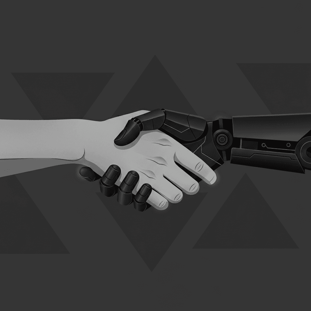 A split scene showing a robotic interface on one side and a human handshake on the other, representing the divide between AI automation and human customer interactions