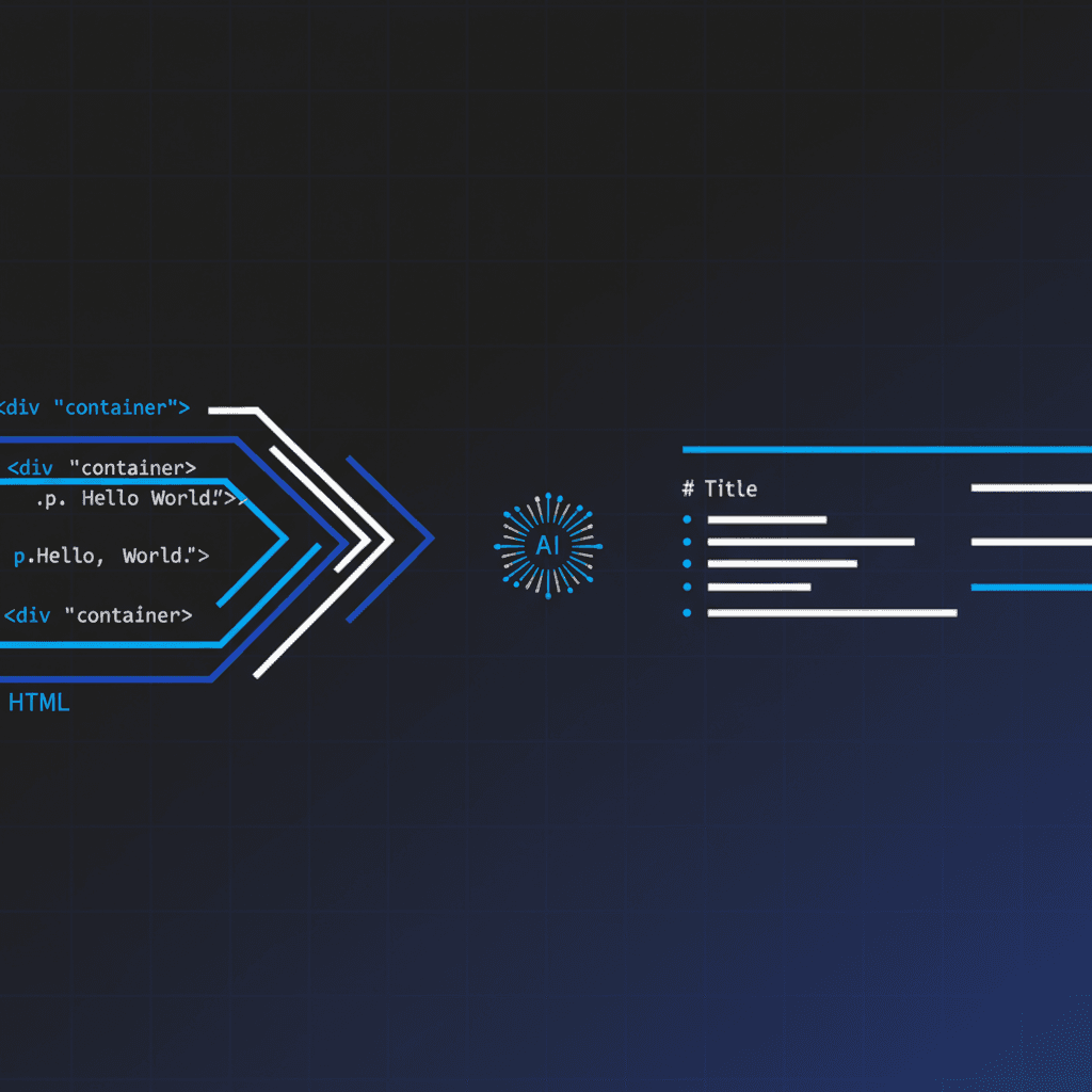 Illustration showing a website converting HTML to clean Markdown for AI bots to read
