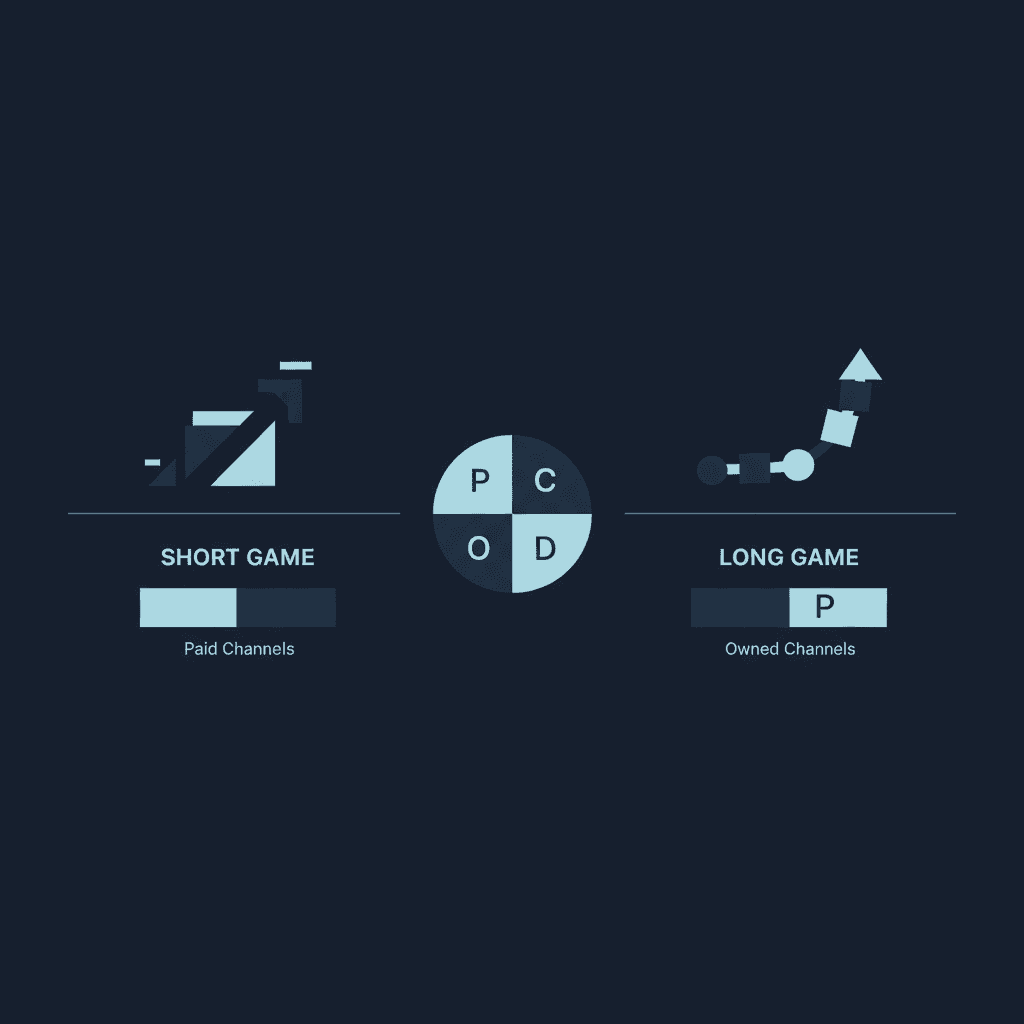 A split visual showing short-term paid advertising channels versus long-term SEO and email marketing channels for SME budget allocation