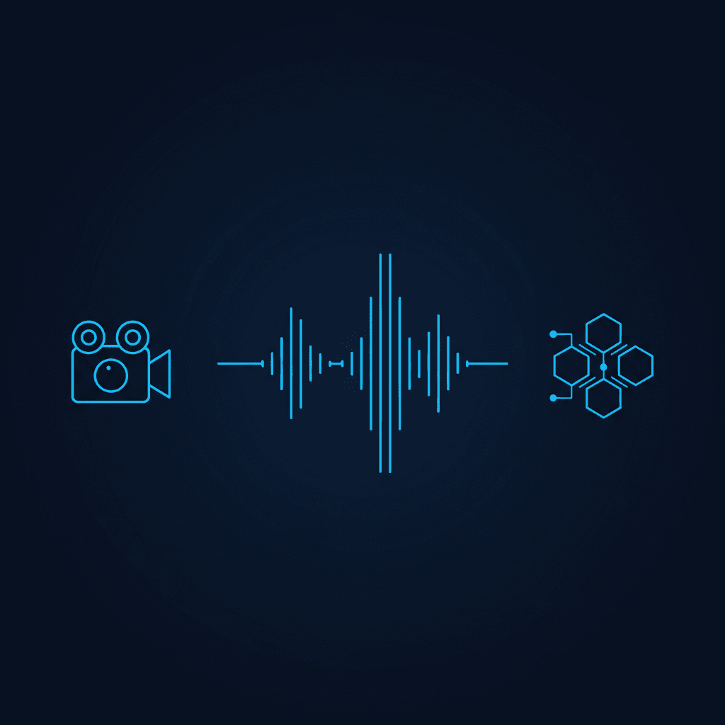 Illustration of audio waveforms and video frames being processed by Google's AI indexing system