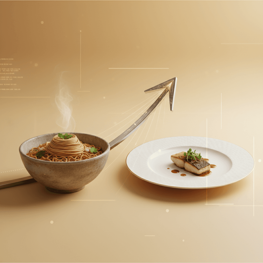 A minimalist bowl of brown rice in a fine dining setting illustrating how positioning shapes perceived value