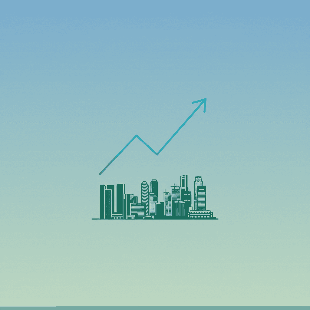 Upward trending chart representing recovering business confidence in Singapore alongside marketing investment strategy icons