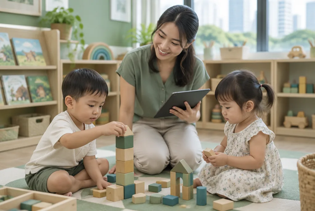 A preschool teacher with a tablet sits beside two toddlers stacking wooden blocks
