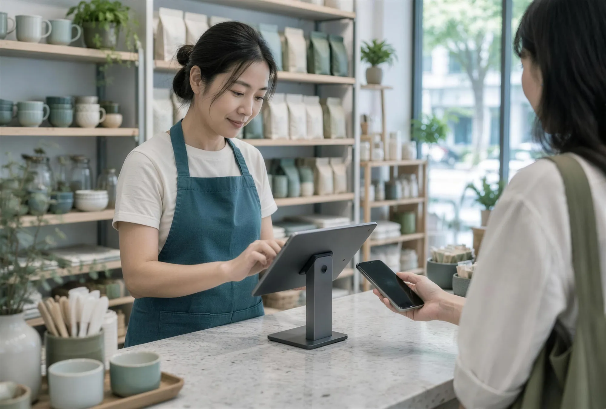 A shop assistant rings up a sale on a tablet point-of-sale terminal while a customer pays by phone