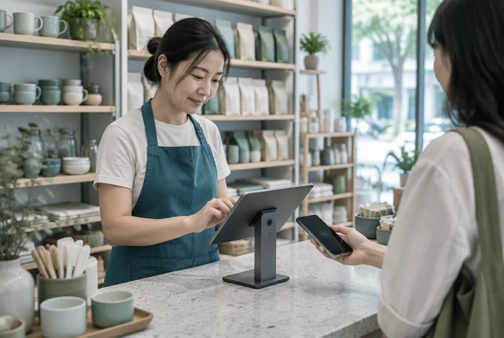A shop assistant rings up a sale on a tablet point-of-sale terminal while a customer pays by phone
