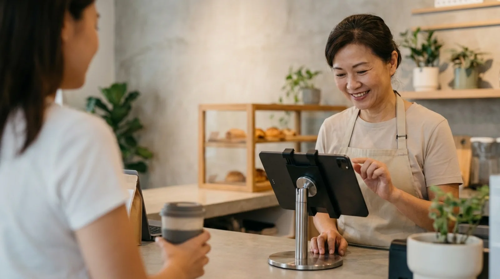 Cafe staff in Singapore taking an order on a black tablet POS system