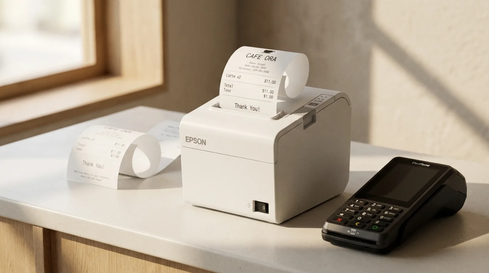 Epson thermal receipt printer and card terminal at a Singapore cafe counter
