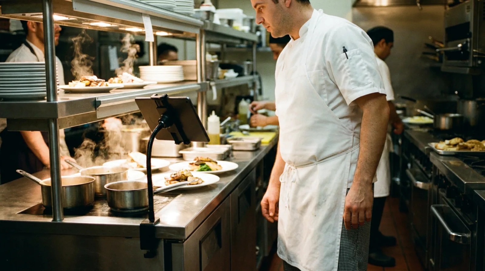 Chef checking orders on a kitchen display screen in a Singapore restaurant